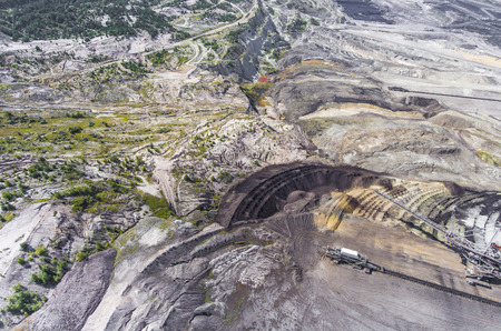 Surface coal mining in Poland. Destroyed land. View from above. Surrealistic landscape.