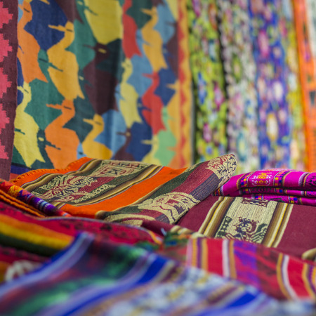 Colorful Fabric at market in Peru, South Americaの写真素材