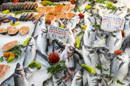Variety of fish and seafood on local greece market.の写真素材