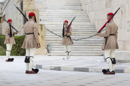 ATHENS, GREECE - SEPTEMBER 21: The Changing of the Guard ceremony takes place in front of the Greek...