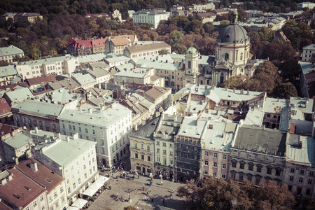 LVIV, UKRAINE - OCTOBER 02, 2016: Lviv City from above. Central part of the old city of Lvov. Ukraineのeditorial素材