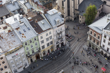 LVIV, UKRAINE - OCTOBER 02, 2016: Lviv City from above. Central part of the old city of Lvov. Ukraineのeditorial素材