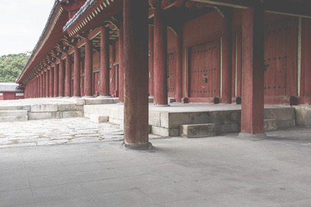 SEOUL - OCTOBER 21, 2016: Jeongjeon - the main hall of the Jongmyo Shrine in Seoul, South Korea. It is the oldest royal Confucian shrine preserved and UNESCO World Heritage Site.のeditorial素材