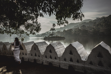 Artificial lake Bogambara and Diyathilaka Mandapaya / Island of Kandy lake. Sri Lankaの写真素材