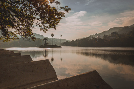Artificial lake Bogambara and Diyathilaka Mandapaya / Island of Kandy lake. Sri Lankaの写真素材