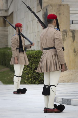 ATHENS, GREECE - SEPTEMBER 21: The Changing of the Guard ceremony takes place in front of the Greek Parliament Building on Spetember 21, 2016 in Athens, Greece.のeditorial素材