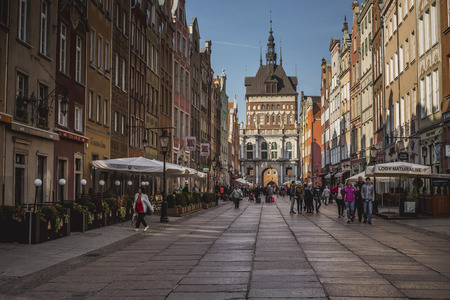 GDANSK, POLAND - OCTOBER 13, 2016: The Long Lane street in old town of Gdansk, Poland. Baroque...