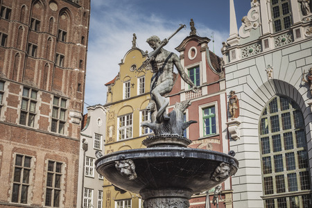 Fountain of the Neptune in old town of Gdansk, Polandの写真素材