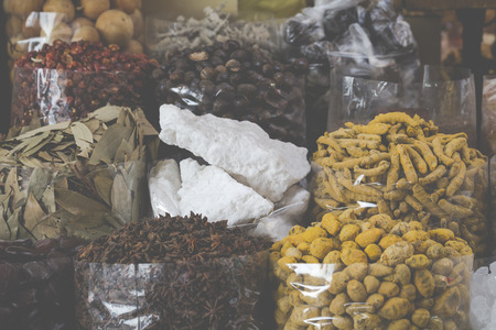 Dried herbs, flowers and arabic spices in the souk at Deira in Dubai, UAE.の写真素材