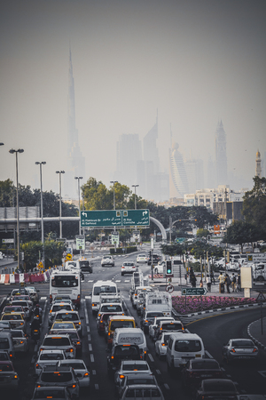 DUBAI, UAE - JANUARY 18, 2017 :Traffic Jam at Dubai, United Arab Emirates.のeditorial素材
