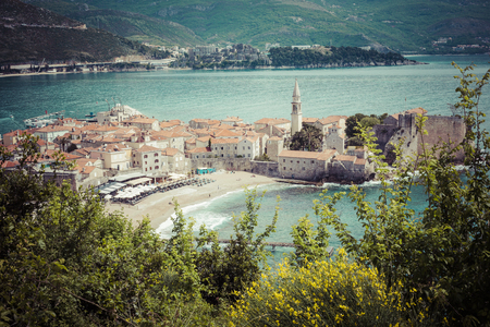 Sew view to the Old Town od Budva in Montenegroのeditorial素材