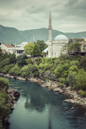 Panorama from The Old Bridge in Mostar in a beautiful summer day, Bosnia and Herzegovina.のeditorial素材