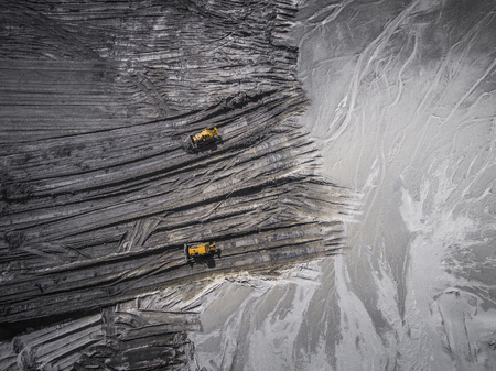 Aerial view over the building materials processing factory. Sand mine. View from above.