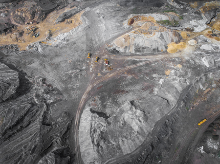 Aerial view over the building materials processing factory. Sand mine. View from above.