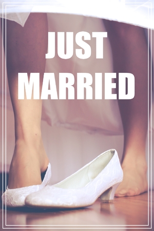 Word Just Married over shoe of the bride in retro style.の写真素材