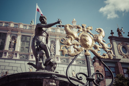 Fountain of the Neptune in old town of Gdansk, Polandの写真素材