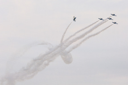RADOM, POLAND - AUGUST 26, 2017 :Aerobatic group formation "Baltic Bees" at blue sky  during Air Show Radom 2017.のeditorial素材