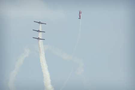RADOM, POLAND - AUGUST 26, 2017 :Aerobatic group formation "Zelazny" during  Air Show Radom 2017.のeditorial素材