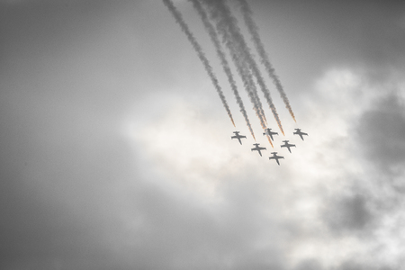 RADOM, POLAND - AUGUST 26, 2017 :Aerobatic group formation "Baltic Bees" at blue sky  during Air Show Radom 2017.のeditorial素材