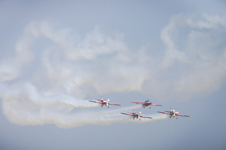 RADOM, POLAND - AUGUST 26, 2017 :Aerobatic group formation "Zelazny" during  Air Show Radom 2017.のeditorial素材