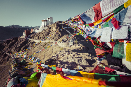 Prayer tibetan flags near the Namgyal Tsemo Monastery in Leh, Ladakhのeditorial素材