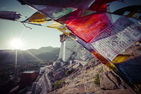 Prayer tibetan flags near the Namgyal Tsemo Monastery in Leh, Ladakhのeditorial素材