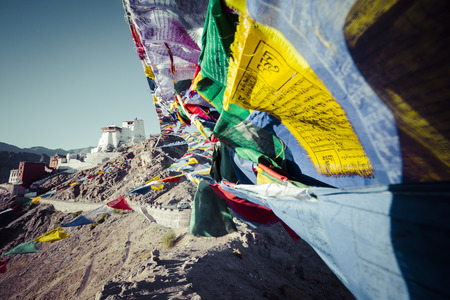 Prayer tibetan flags near the Namgyal Tsemo Monastery in Leh, Ladakh