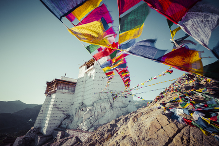 Prayer tibetan flags near the Namgyal Tsemo Monastery in Leh, Ladakhのeditorial素材