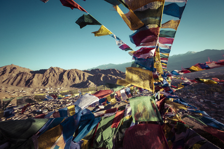 Prayer tibetan flags near the Namgyal Tsemo Monastery in Leh, Ladakhのeditorial素材