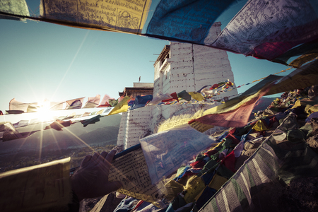 Prayer tibetan flags near the Namgyal Tsemo Monastery in Leh, Ladakhのeditorial素材