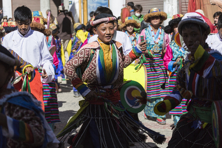 LEH, INDIA - SEPTEMBER 20, 2017: Unidentified artists in Ladakhi costumes at the Ladakh Festival on...