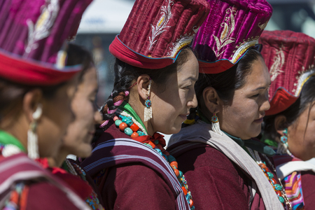 LEH, INDIA - SEPTEMBER 20, 2017: Unidentified artists in Ladakhi costumes at the Ladakh Festival on September 20, 2017, Leh, India.のeditorial素材