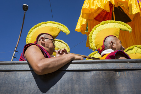 LEH, INDIA - SEPTEMBER 20, 2017: Unidentified artists in Ladakhi costumes at the Ladakh Festival on...