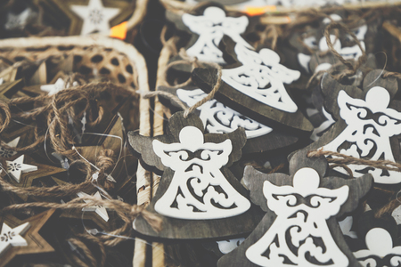 Christmas handmade decorations at a Christmas market in Cracow, Poland.の写真素材
