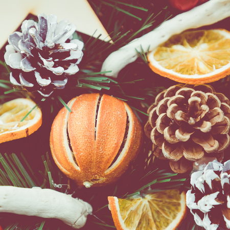 Christmas dry fruits decorations at a Christmas marketの写真素材