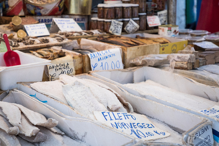 Dried salted cod fish bacalhau in traditional market in Palermo in Sicily, Italy.の写真素材
