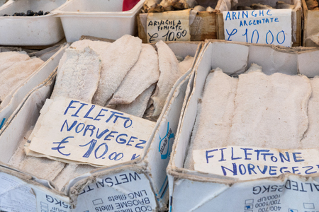 Dried salted cod fish bacalhau in traditional market in Palermo in Sicily, Italy.の写真素材