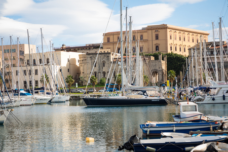 PALERMO, ITALY - NOVEMBER 29, 2017: Boats and yachts parked in La Cala bay, old port in Palermo, Sicily, Italy.のeditorial素材
