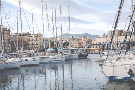 PALERMO, ITALY - NOVEMBER 29, 2017: Boats and yachts parked in La Cala bay, old port in Palermo, Sicily, Italy.のeditorial素材