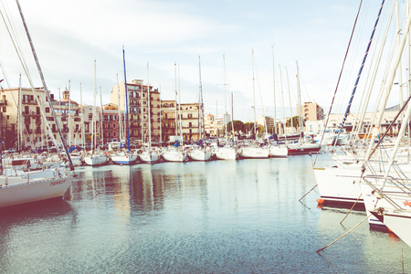 PALERMO, ITALY - NOVEMBER 29, 2017: Boats and yachts parked in La Cala bay, old port in Palermo, Sicily, Italy.のeditorial素材