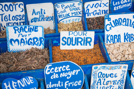 Selection of spices on a traditional Moroccan market (souk) in Marrakech, Moroccoの写真素材