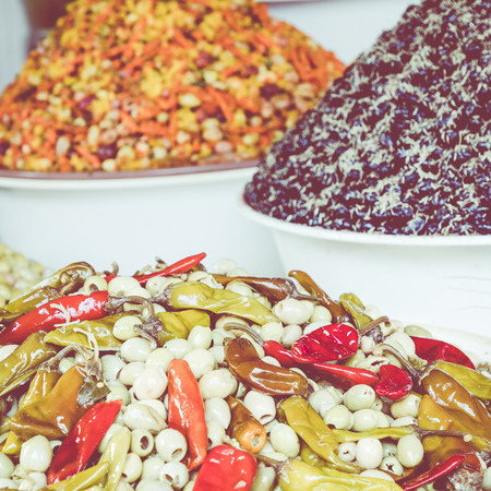 Olives at market in Moroccoの写真素材