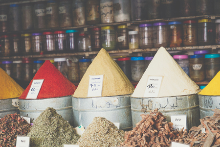 Selection of spices on a traditional Moroccan market (souk) in Marrakech, Moroccoの写真素材