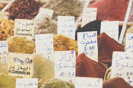 Selection of spices on a traditional Moroccan market (souk) in Marrakech, Moroccoの写真素材