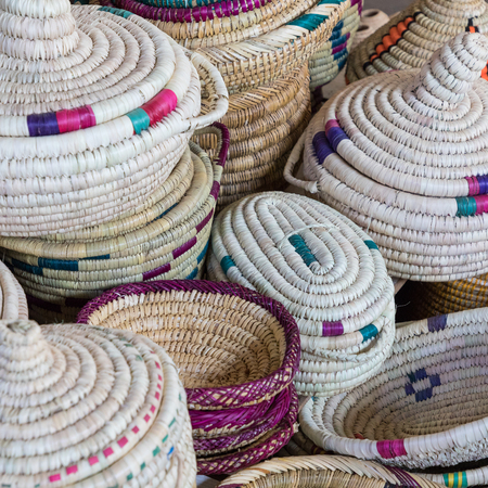 Handmade baskets on display Fes el Bali Moroccoの写真素材