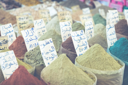 Selection of spices on a traditional Moroccan market (souk) in Marrakech, Moroccoの写真素材