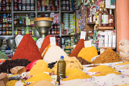 Selection of spices on a traditional Moroccan market (souk) in Marrakech, Moroccoのeditorial素材