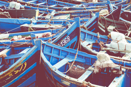 Fishing blue boats in Marocco. Lots of blue fishing boats in the port of Essaouira, Moroccoのeditorial素材