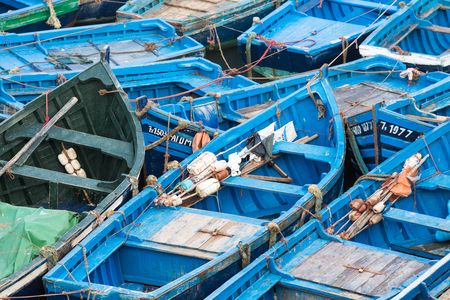 Fishing blue boats in Marocco. Lots of blue fishing boats in the port of Essaouira, Moroccoのeditorial素材