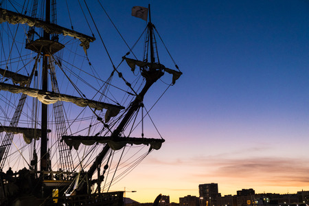Beautiful sunset sky in the marina port in Malaga city. Andalusia, Spain.